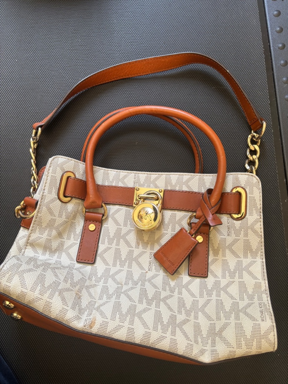 Michael Kors Beige/Caramel Signature MK Satchel with Gold Hardware